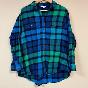 Blue Green Plaid Button down Shirt Women’s XL Western Country Top Tartan Holiday